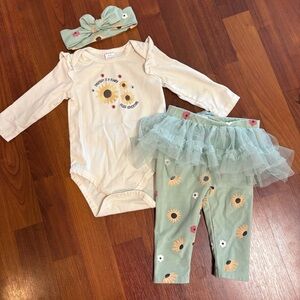 Sunflower Tutu Legging Set with Headband - Cream & Sage